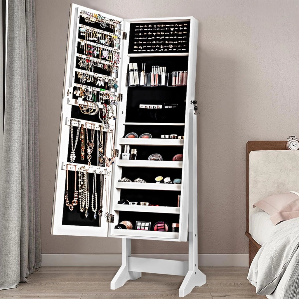 Armadietto Portagioie Specchiera per Gioielli, Armadio per Gioielli 2 in 1 con Grande Capacità, 4 Angoli Regolabili, 41 x 36,5 x 146 cm (Bianco)