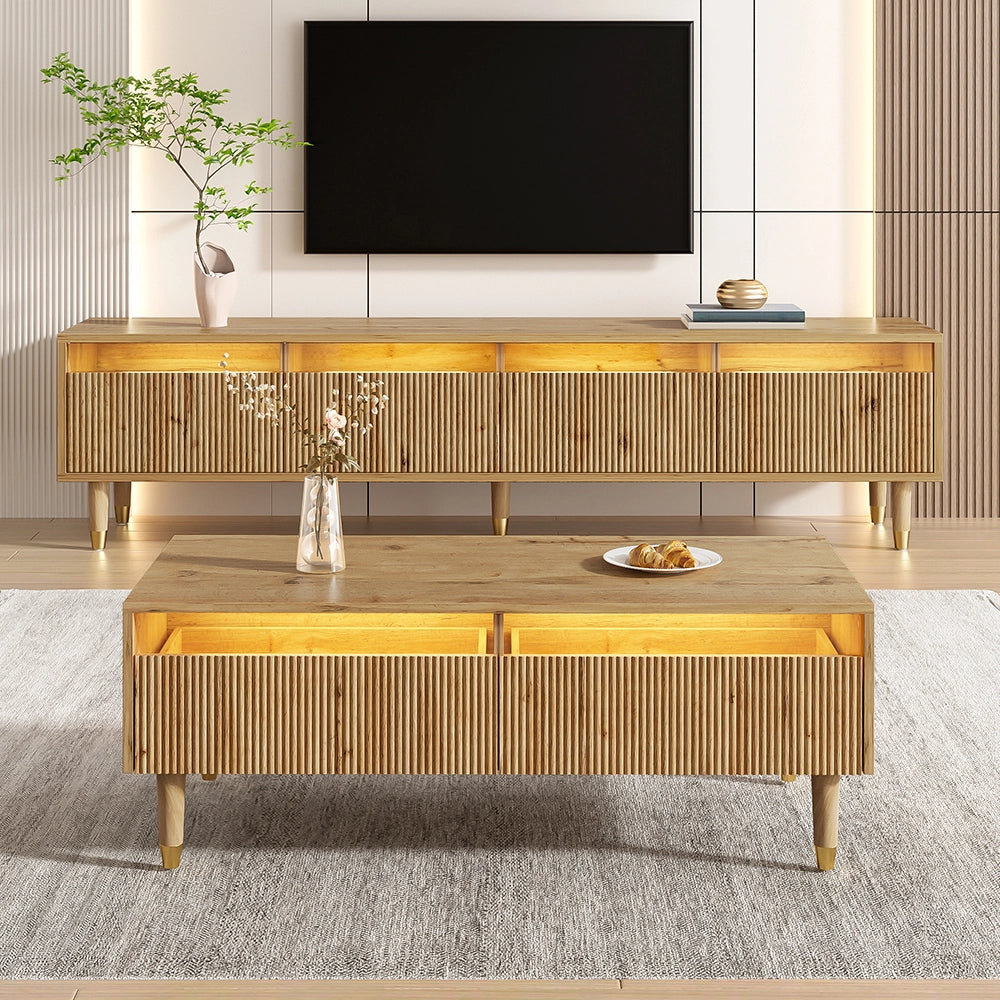 Set TV+tab. LED - Xylo - 4 porte+2 cassetti legno/dorato con illuminazione