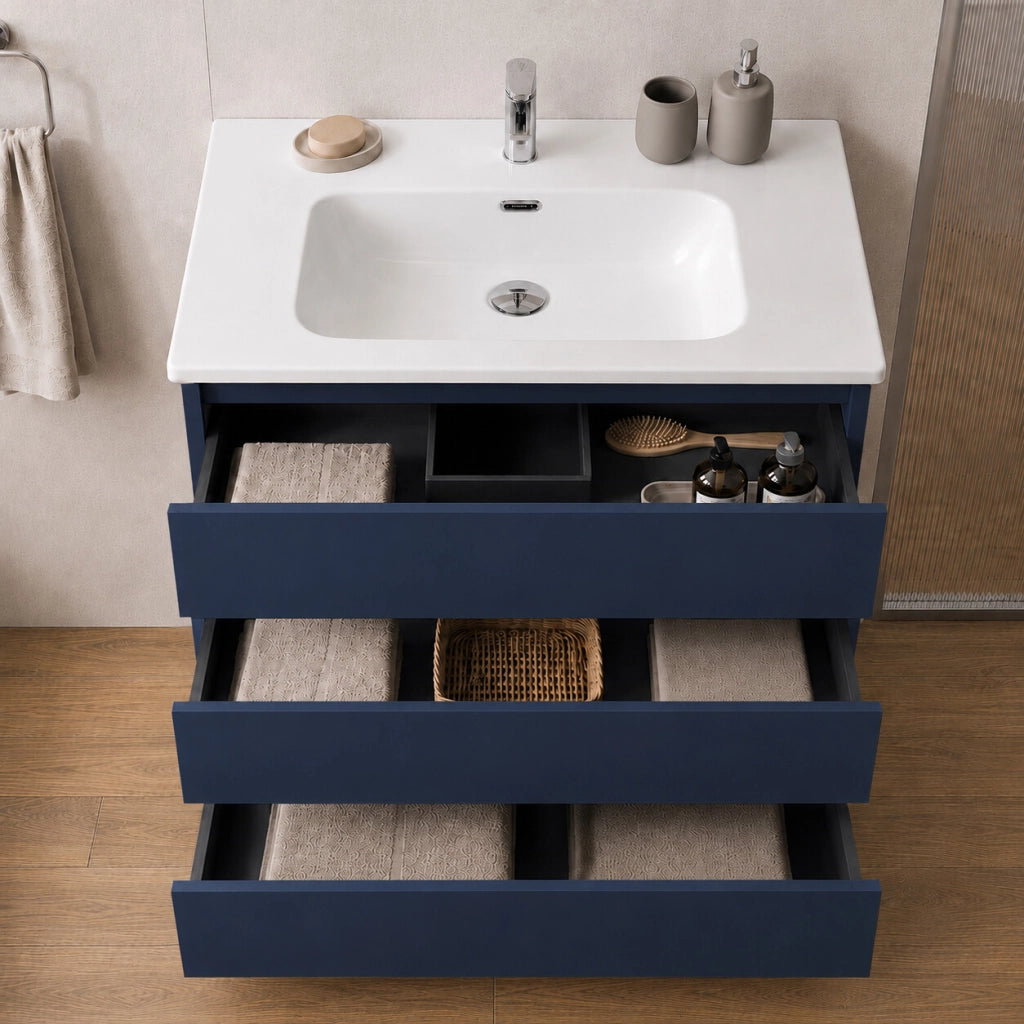 Mobile bagno a terra 80 cm blu tre cassetti push-pull con lavabo Tierra