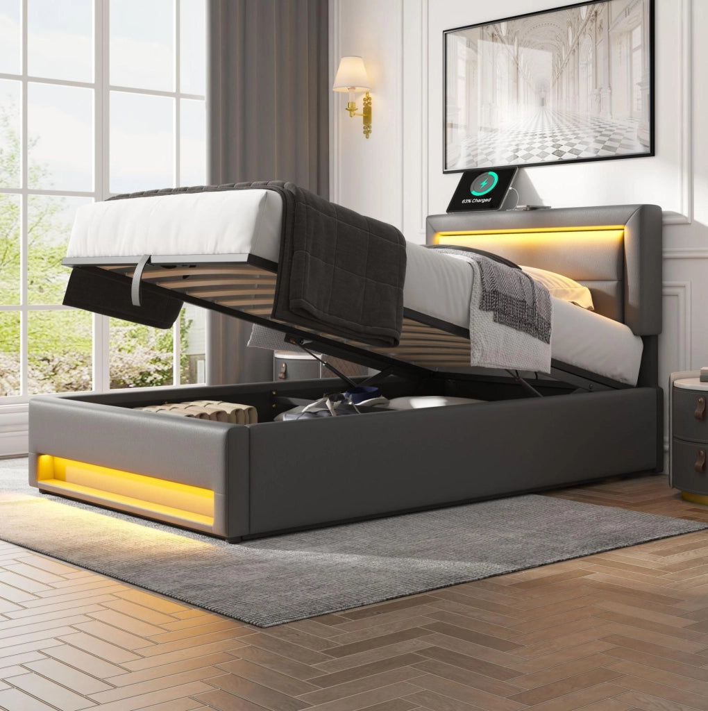 Letto imbottito 90x190 cm; USB e LED; con spazio contenitore; PU grigio (Senza materasso)