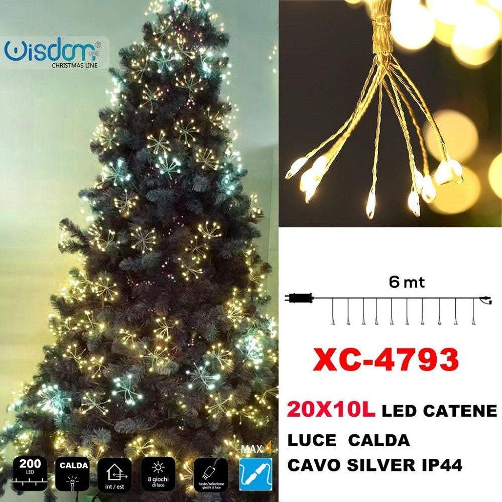 Trade Shop - Catena Luminosa 200led 20x10 Luci Con Ciuffi Luce Calda Cavo Silver Ip44 Xc-4793 -