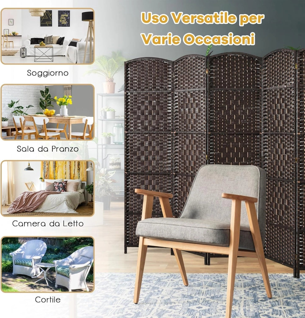 Paravento da Interno ed Esterno 6 Pannelli, Separé Divisorio Pieghevole in Carta Intrecciata a Mano e Cornice in Legno Massello per Camera da Letto, Soggiorno e Ufficio, 273 x 180 cm (Marrone)