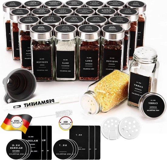 Set di contenitori per erbe quadrati da 24 - 120 ml - coperchio in acciaio inossidabile - etichette in tedesco e bianco - dispositivo di distribuzione - set di stroilatori per erbe in vetro