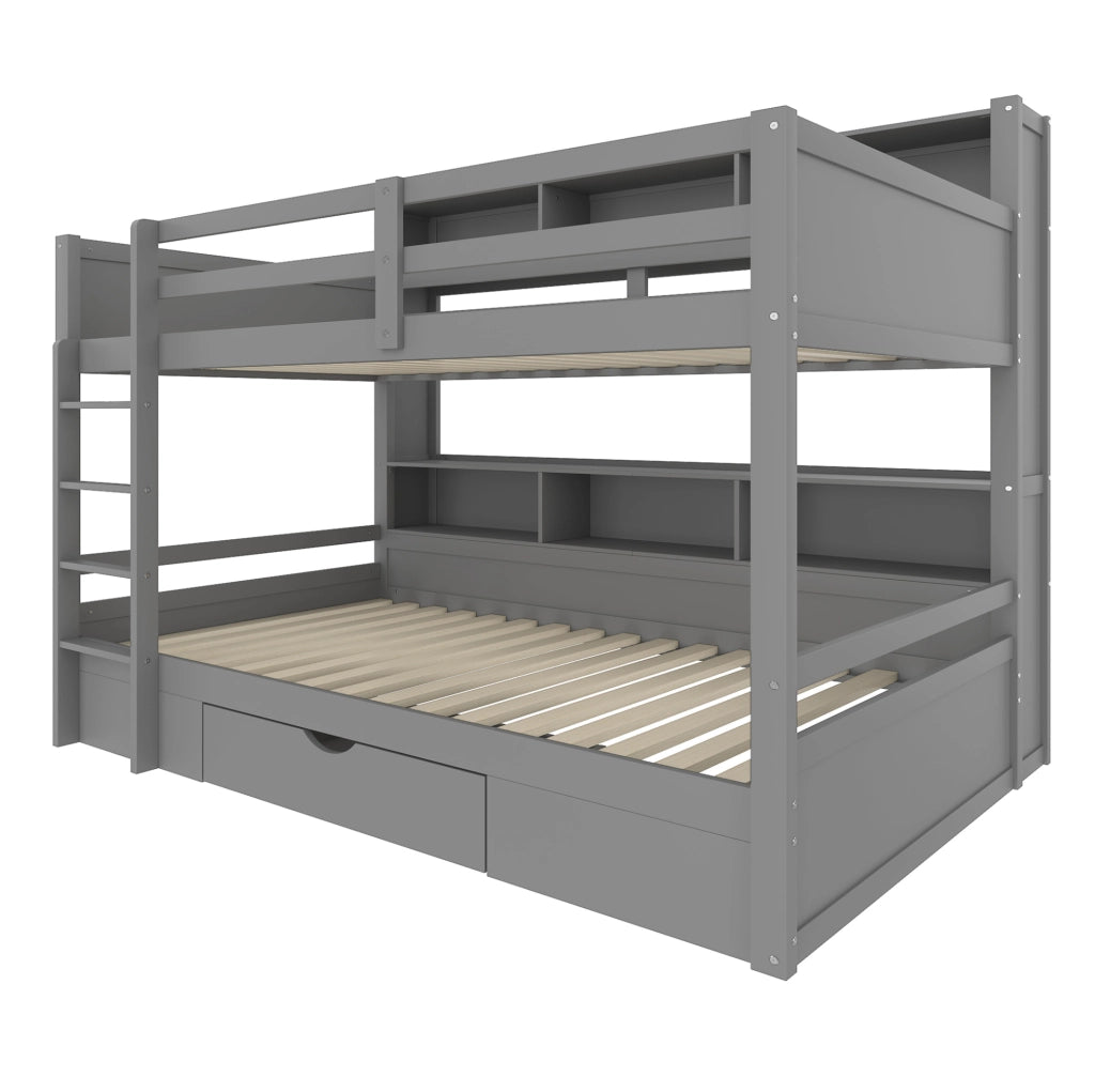 Letto a castello 90x200 cm con cassetto e vani portaoggetti; pino e MDF; grigio (Senza materasso)