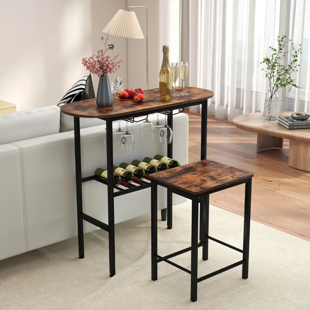 Tavolo da pranzo ovale e 2 sgabelli con portabottiglie arredamento per cucina, Set da tavolo alto a 3 pezzi portabicchieri da vino Marrone
