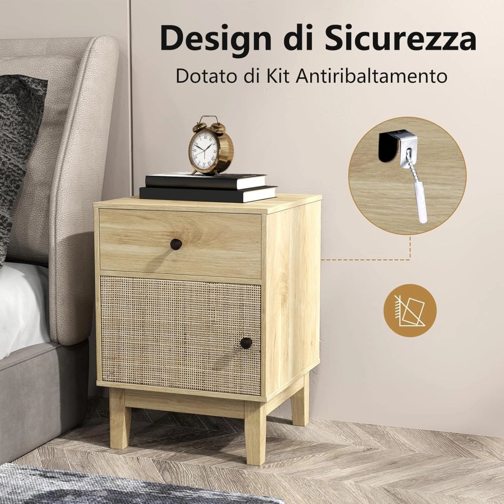 Comodino in Rattan 40 x 39 x 55 cm, Mobile Moderno con Cassetto, Armadietto e Gambe in Legno Massello, Tavolino in Stile Boemia per Camera da Letto, Soggiorno e Salotto (Nero)