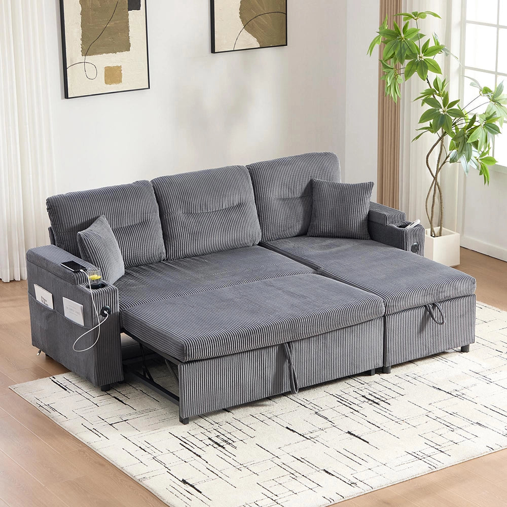 Divano moderno 3 posti - Xylo - Velluto costato, spazio di archiviazione, porta bevande, USB-C, chaise longue idraulica, letto a cassetti