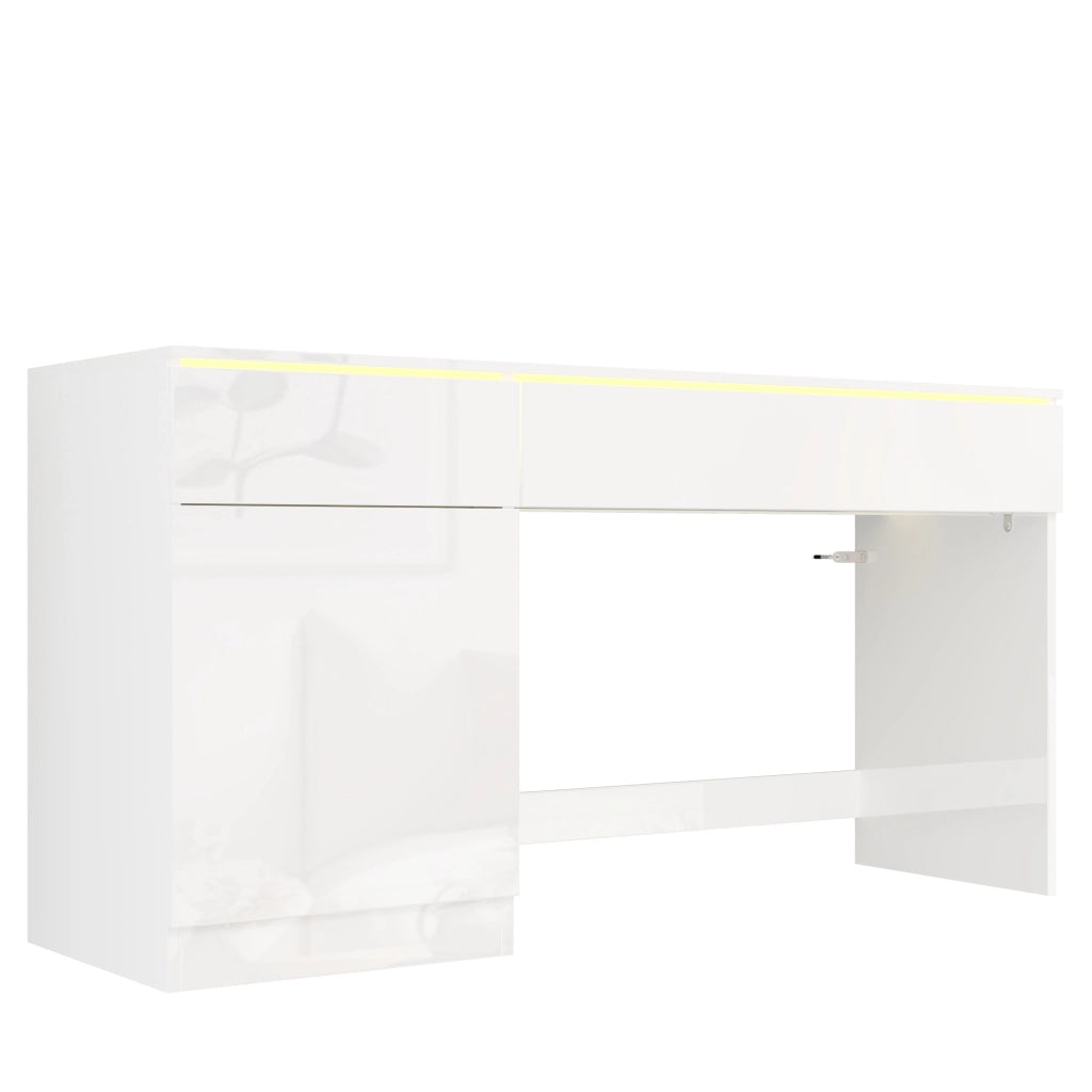 Scrivania moderna lucida 120 x 50 cm con LED, 2 cassetti e 1 anta, bianca