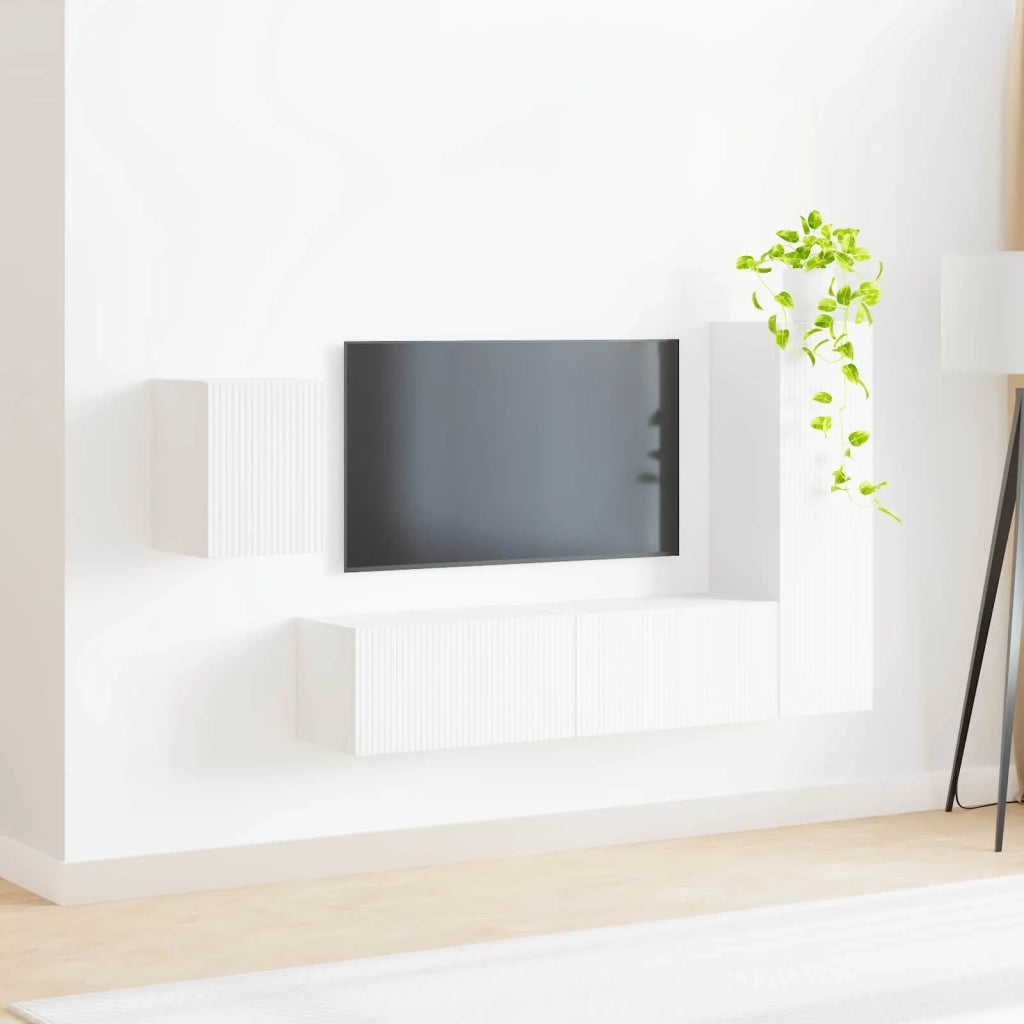 Set mobile TV Montaggio a parete 4 pcs Bianco Legno multistrato 3408997