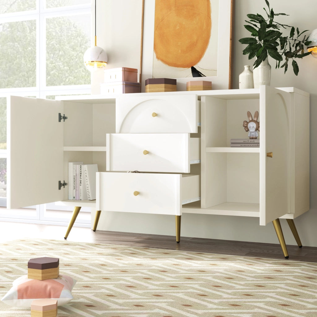 Cassettiera con 2 Ante e 3 Cassetti; Ripiano Regolabile; Stile Classico; in Legno e Metallo; 140??40??84 cm; Bianco Crema