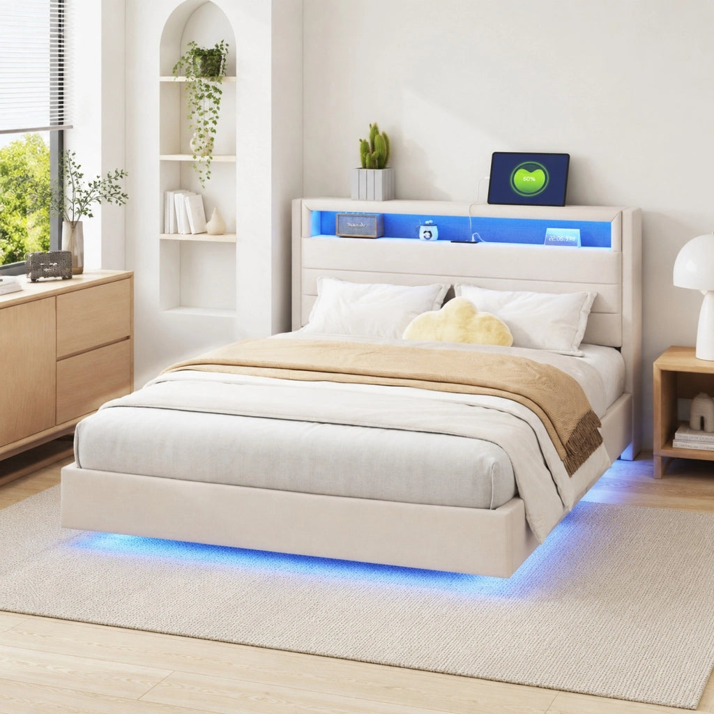 Letto matrimoniale imbottito 140x200 cm con USB e luci LED; testiera ribaltabile; beige