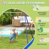 Altalena per Bambini 3-8 Anni con 2 Seggiolini e 4 Picchetti, in Metallo e PP, 269x160x180 cm