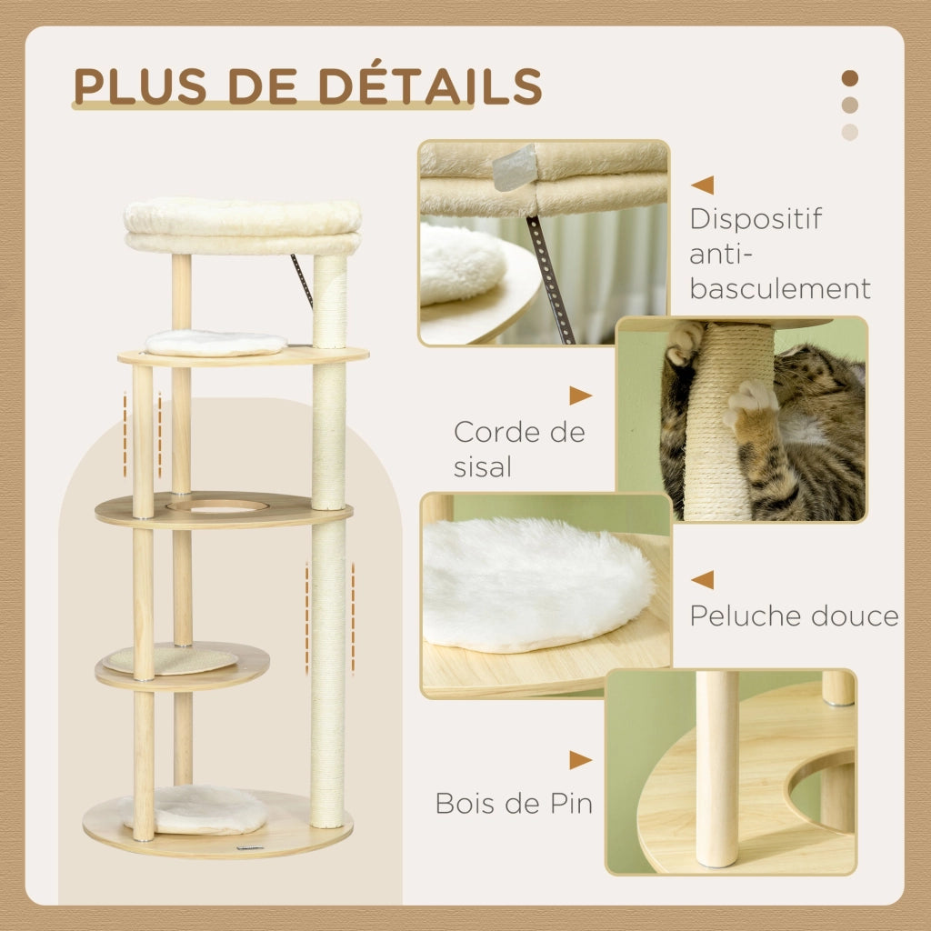 Albero tiragraffi per gatti con sisal e cuscino ¨C Minimal ¨C 123,5 cm beige legno