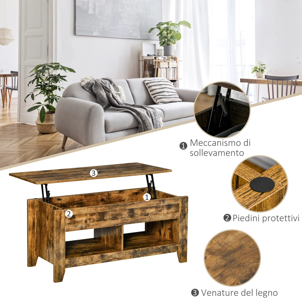 EasyComfort Tavolino da Salotto in Stile Industriale con Vano Contenitore e Piano Sollevabile in Legno, 105x50x49cm, Marrone Rustico