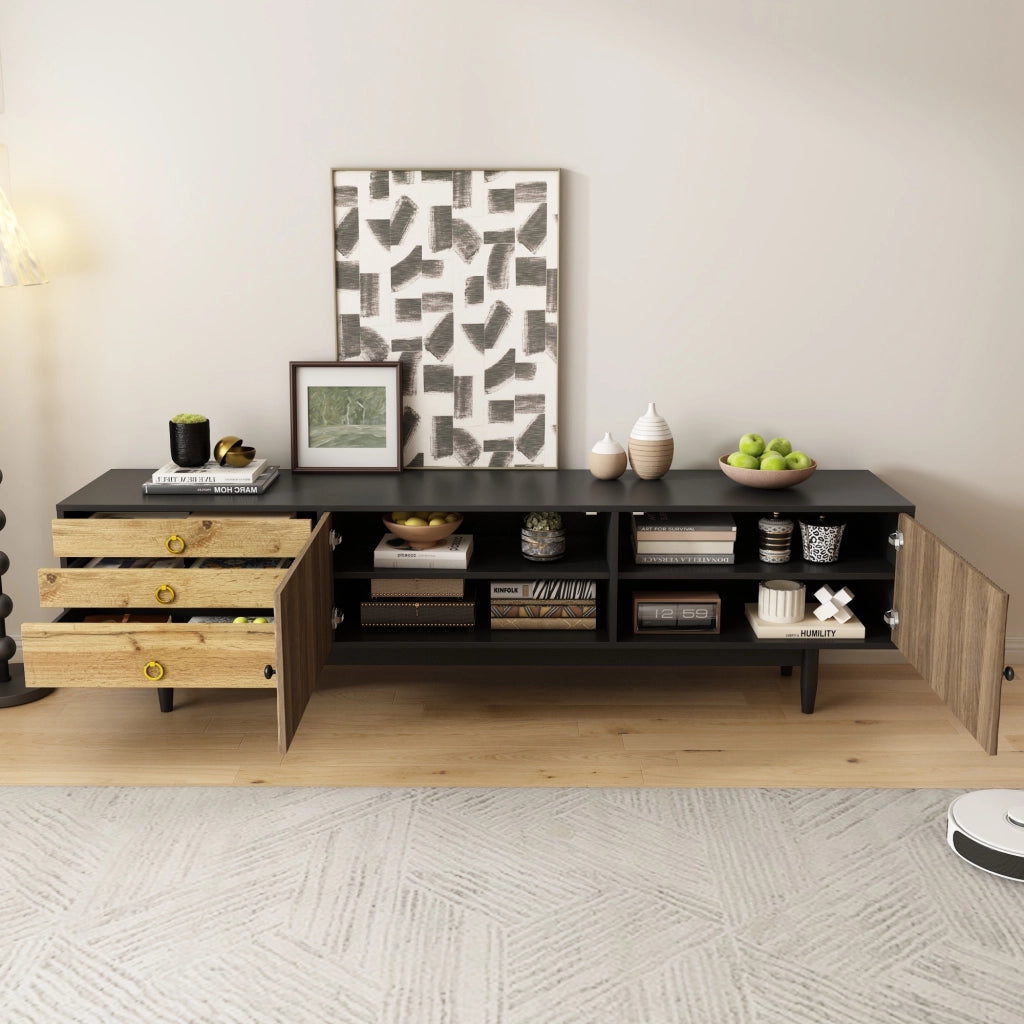 OKWISH Mobile TV con 2 Ante e 3 Cassetti, Frontali Ondulati, Gambe in Legno, per Soggiorno, Nero e Naturale, 180×38×50 cm