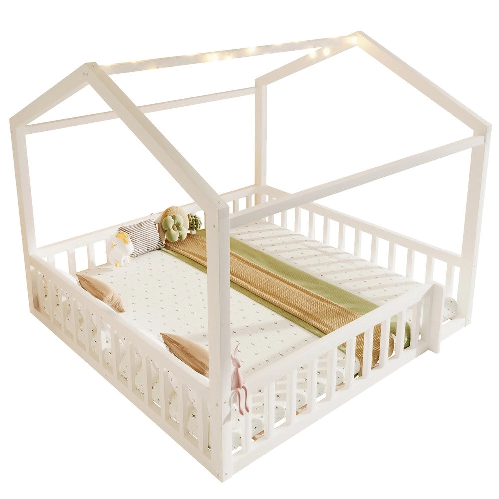 Letto Singolo Bambini a Casetta in Pino con LED e Grate ¨C Xylo ¨C Bianco 90x190