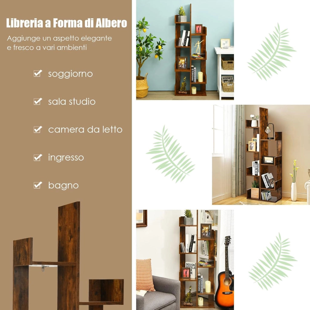 Libreria Multiuso da Terra, Libreria ad Albero con 8 Ripiani, Scaffale in Legno per Libri, Ideale per Soggiorno, Ufficio, 50 x 25 x 145 cm (marrone)