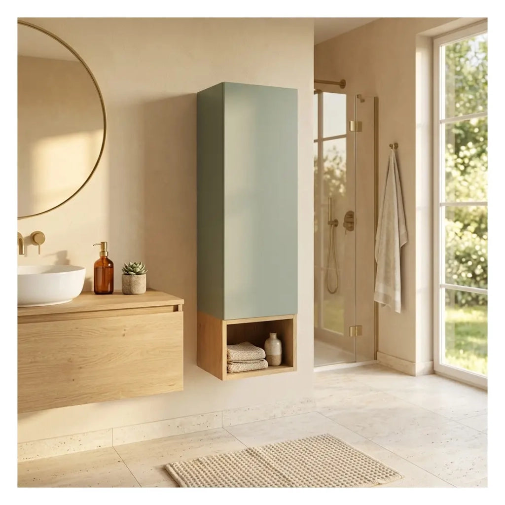 Colonna di stoccaggio OSTER 30cm – mobile sospeso verde salvia 1 porta e nicchia visibile aspetto rovere chiaro