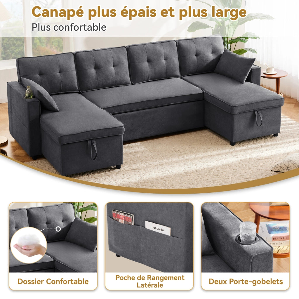 Divano Letto a U con Contenitori; Portabicchieri e Tasche Laterali; in Cotone e Lino; Grigio 270 × 130 × 86 cm
