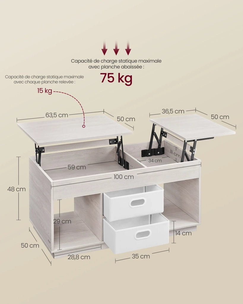Tavolino da caffè tavolo da soggiorno 50 x 100 x 48/62,3 cm piano sollevabile con 2 cassetti e scomparti nascosti scomparti aperti per soggiorno home office beige 12_0007490