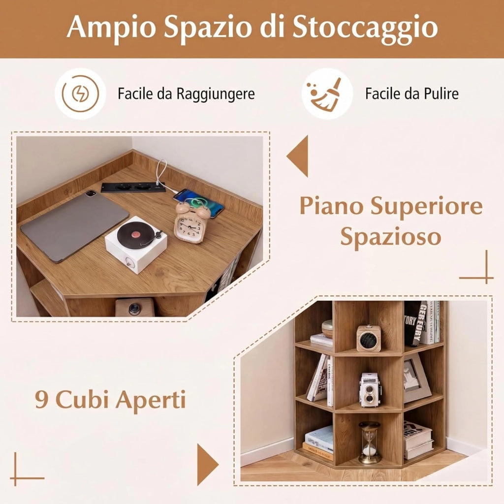 Mobile ad Angolo a 3 Livelli in Legno, Libreria Angolare Aperta con Stazione di Ricarica 9 Cubi 2 Porte USB e 4 Prese, Adatto per Spazi Ridotti, 51x71,5x86 cm (Naturale)