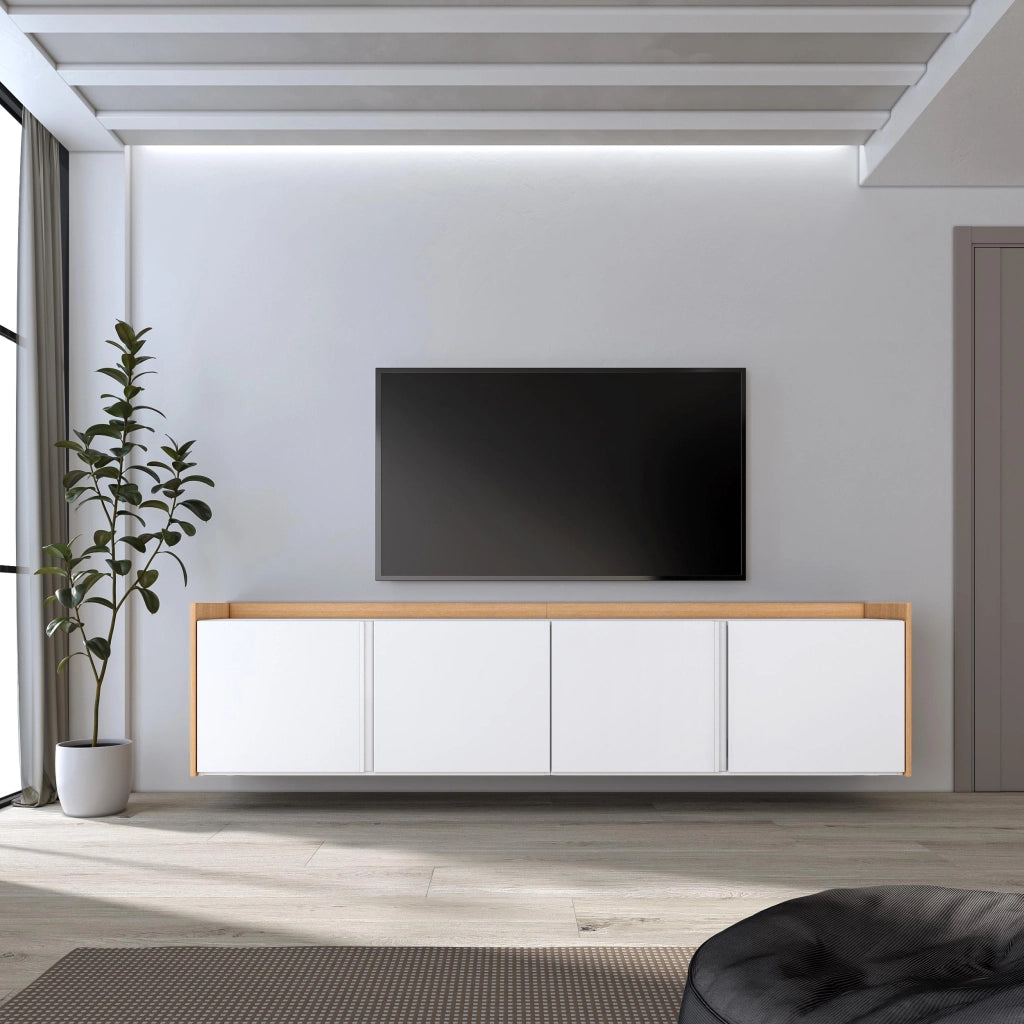 Mobile TV Soggiorno, 207x50x35 cm, Per TV fino a 80", Sospeso, da appendere, Bianco e Rovere soft