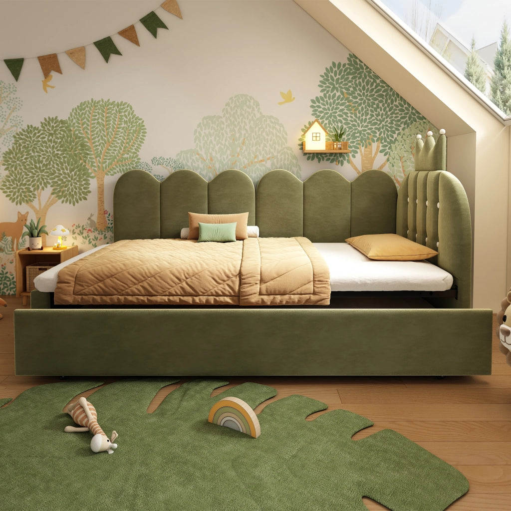 LETTO con letto estraibile 90x200 cm in velluto verde, design corona e griglia