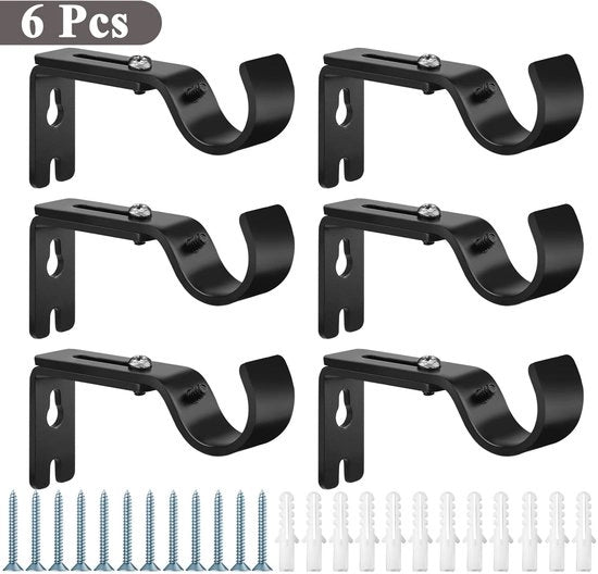 Regolo per tende in metallo flessibile, supporti per parete, ganci, adatto per stanghe fino a 2,54 cm, supporti e maniglie per stanghe, accessori per tende, supporto per regolo di tenda (6 pezzi, nero)
