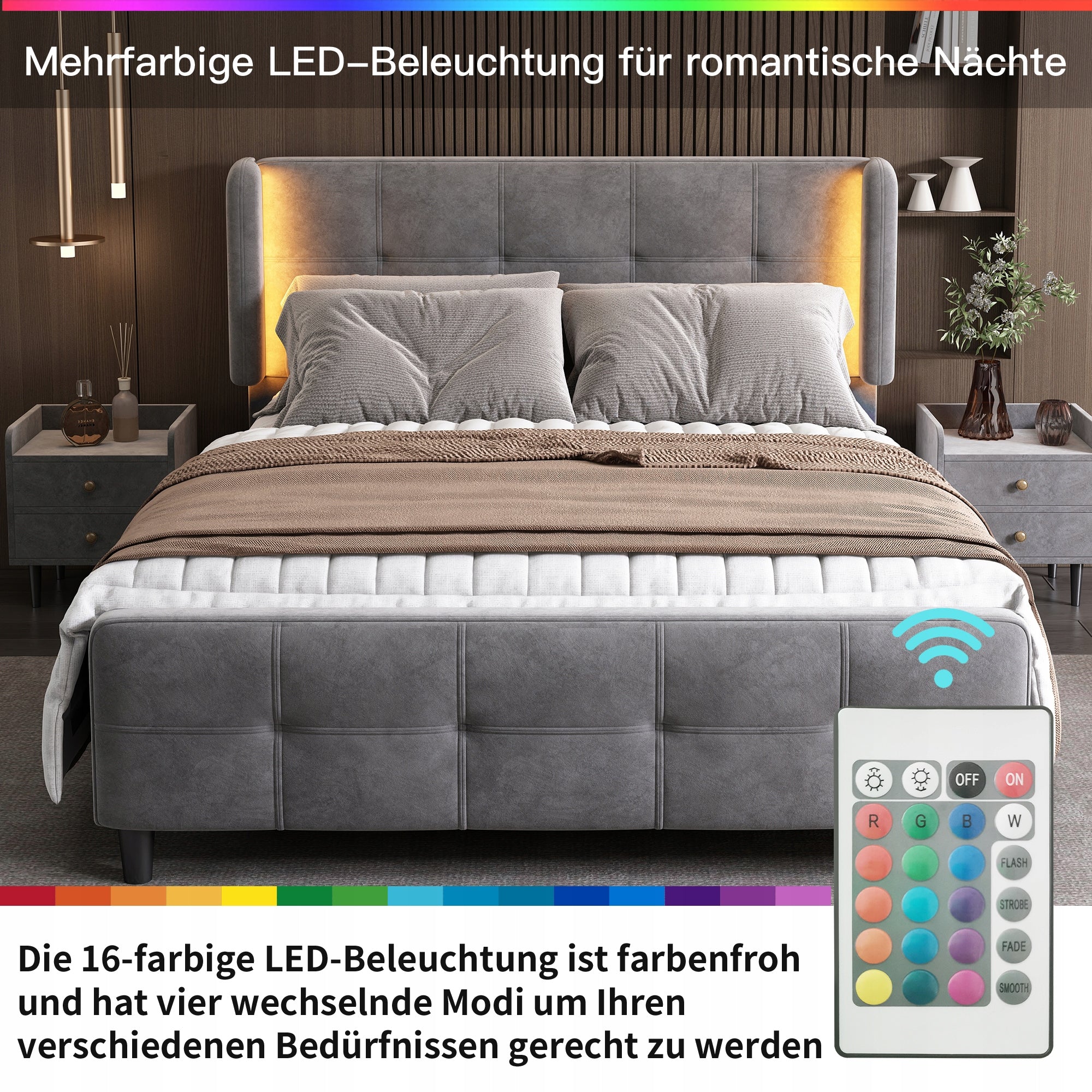 Letto Matrimoniale LED - Xylo - 140x200cm - Grigio - 16 Colori