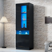Vetrina con led e 1 anta semicoperta, 2 ripiani in vetro e vani aperti, stile moderno, per soggiorno e ufficio, nero, 50 × 40 × 180 cm