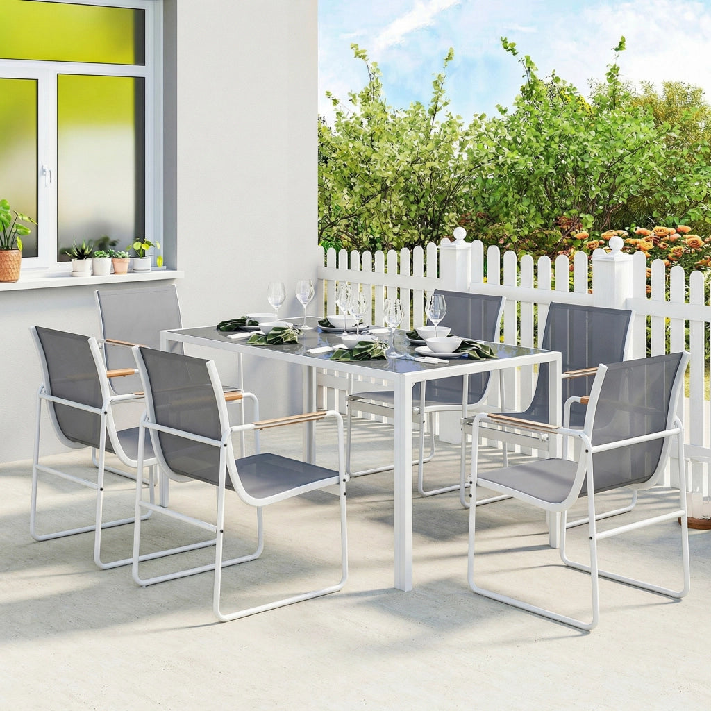 Set Giardino con Tavolo in Vetro e 6 Sedie ¨C Minimal ¨C Bianco e Grigio