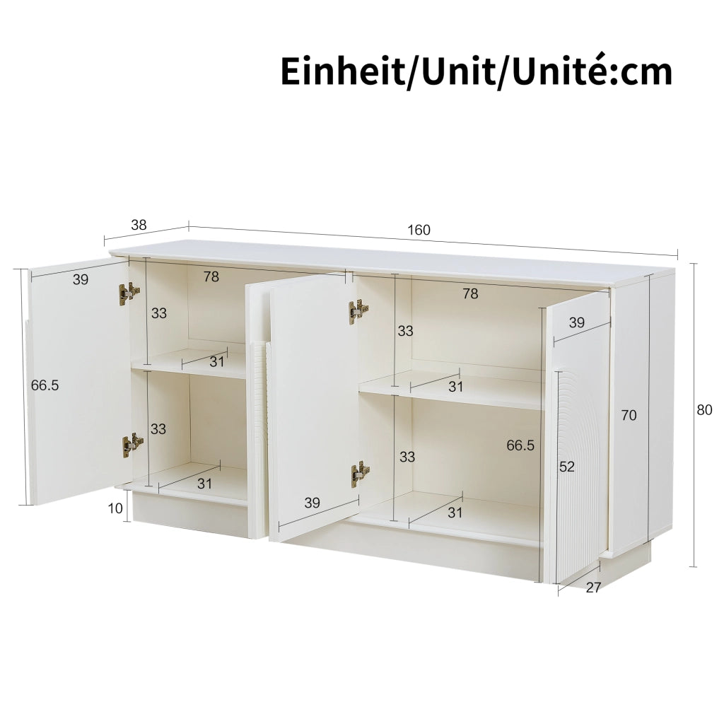 Credenza con 4 ante e ripiani interni - per soggiorno e sala da pranzo - in MDF - 160×38×80 cm - bianco