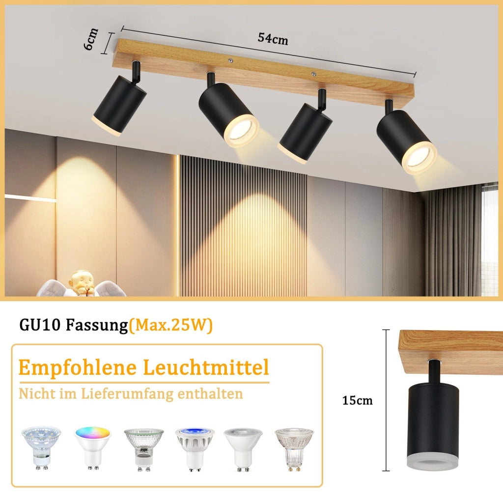 ZMH Faretto da soffitto 4 luci GU10 legno acrilico orientabili 350° per soggiorno