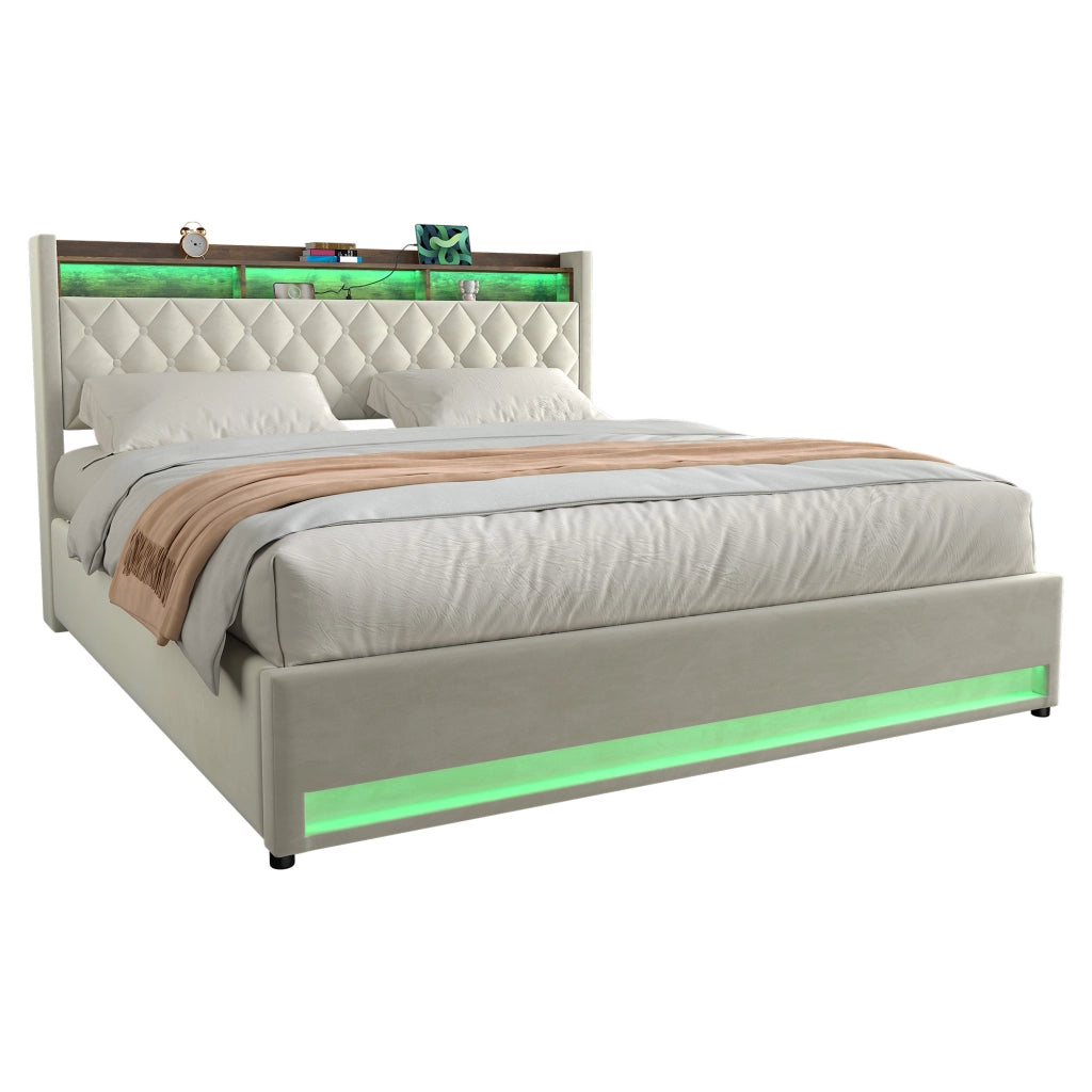 Letto imbottito beige 180x200 cm in velluto con schiuma elastica e struttura ergonomica