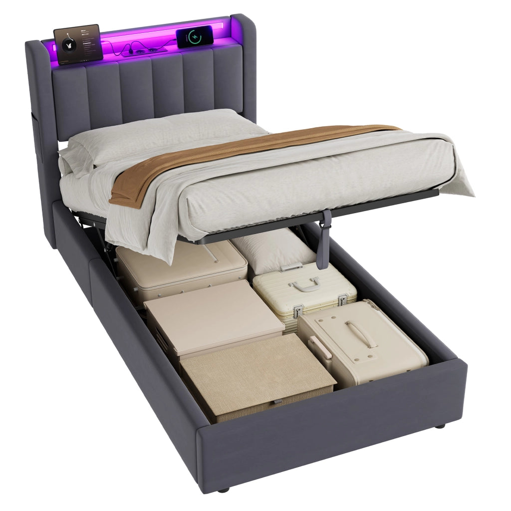 Letto Imbottito 90x190 cm in Velluto con Contenitore Idraulico, LED e Porte USB