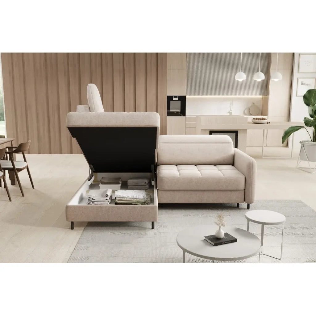Divano ad angolo sinistro convertibile BARNEA 208 cm crema con contenitore