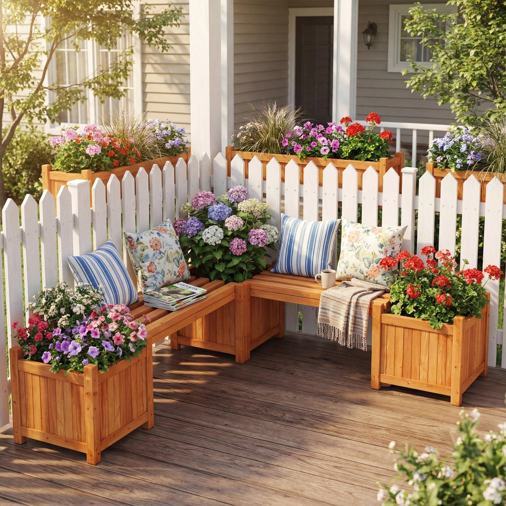 Cassetta per fiori in legno con panchina e base aperta-Fioriera elevata per vasi patio cortile veranda Marrone