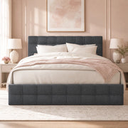Letto imbottito matrimoniale con 4 cassetti, rete in acciaio, testiera regolabile in altezza, tessuto effetto lino, grigio, 140x200 cm