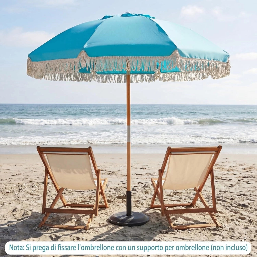 Ombrellone da Spiaggia 180 cm, Inclinabile Regolabile 30°, Palo in Legno, 8 Stecche in Fibra di Vetro, Ombrellone per Giardino, Piscina, Terrazza (Blu)