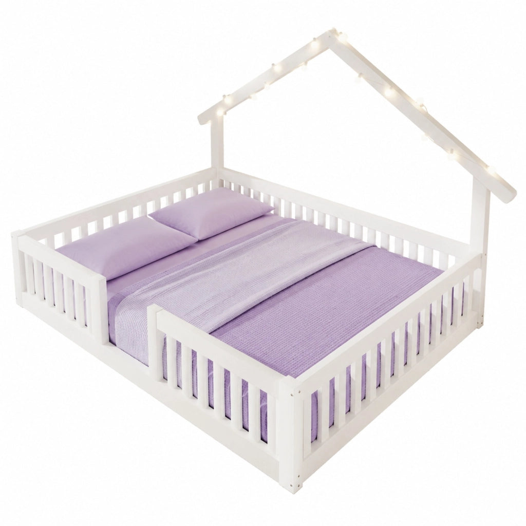 Letto a casetta per bambini 140x200 cm con barriera di sicurezza e luci LED, bianco