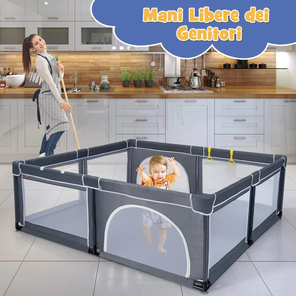 Box Recinto per Bambini, Centro Attività Portatile con Cancelli di Sicurezza, Reti Traspiranti, Ventose Antiscivolo e 4 Anelli per Bambini, con 50 Palline, 206 x 185,5 x 68 cm (Grigio Scuro)