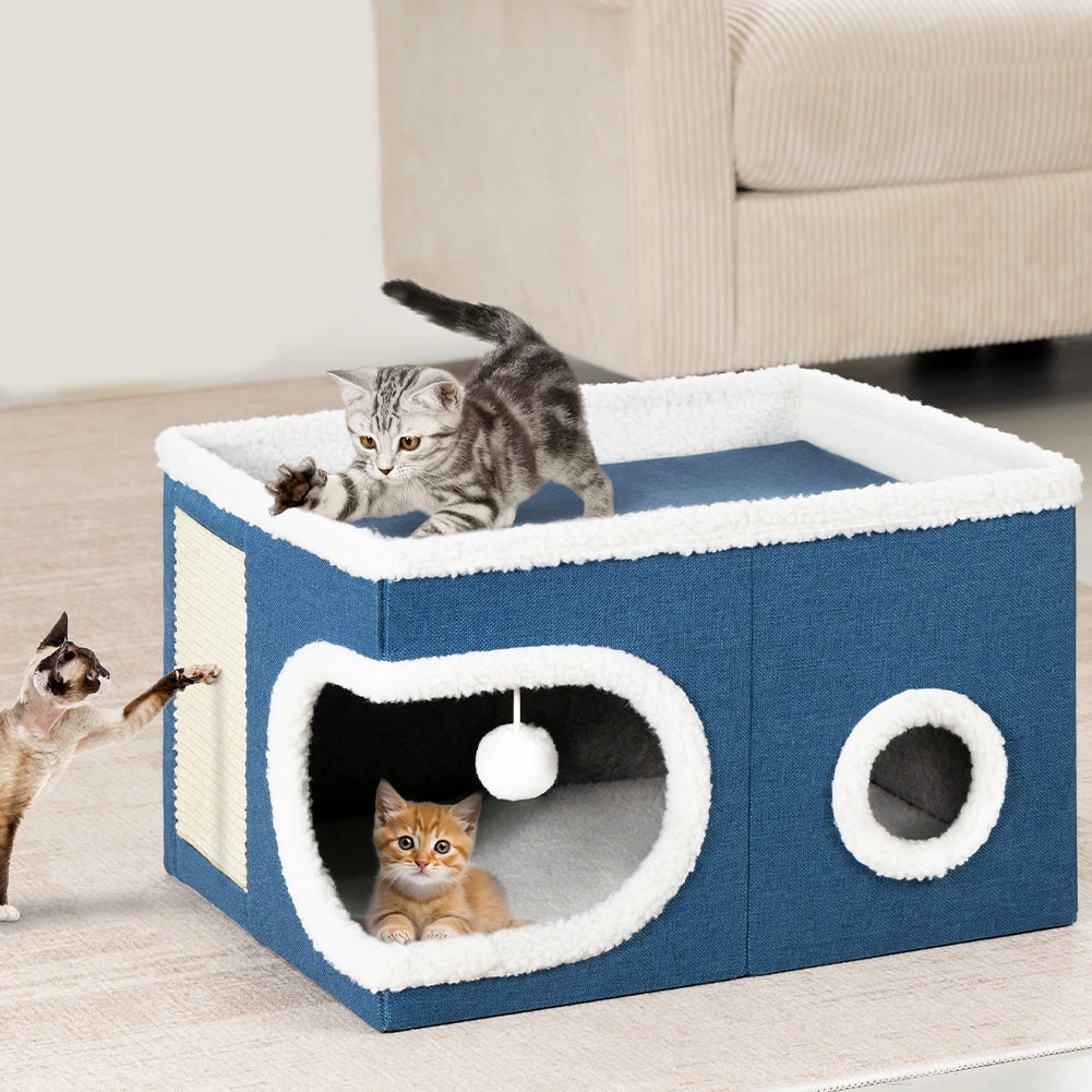 Cuccia Casa per Gatti Cubo Blu Tiragraffi Casetta Animali Domestici 58x42x33 cm