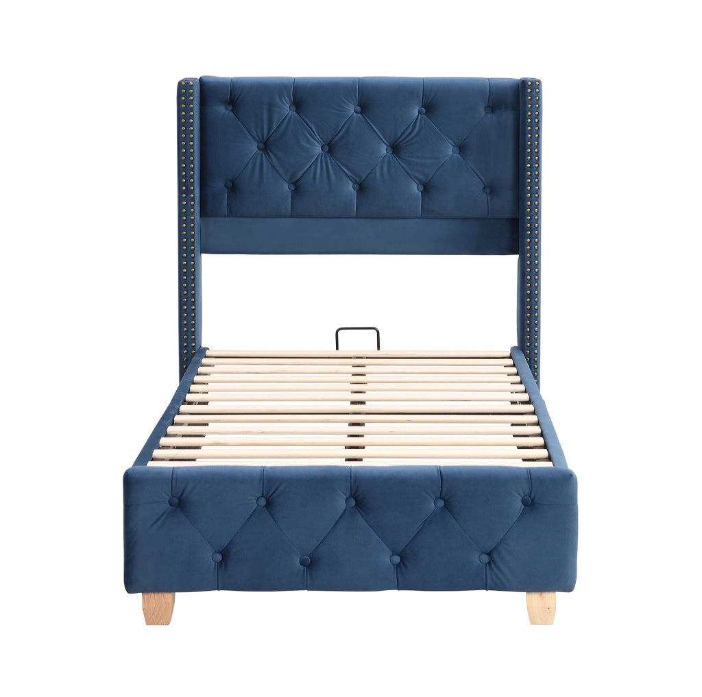 Letto imbottito 90x200 cm in velluto blu con rete a doghe