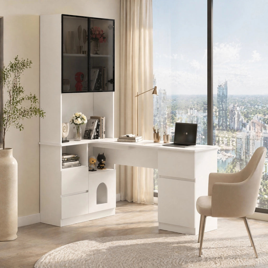 Scrivania angolare con libreria e vetrina LED 120×80×180 cm, bianco, MDF