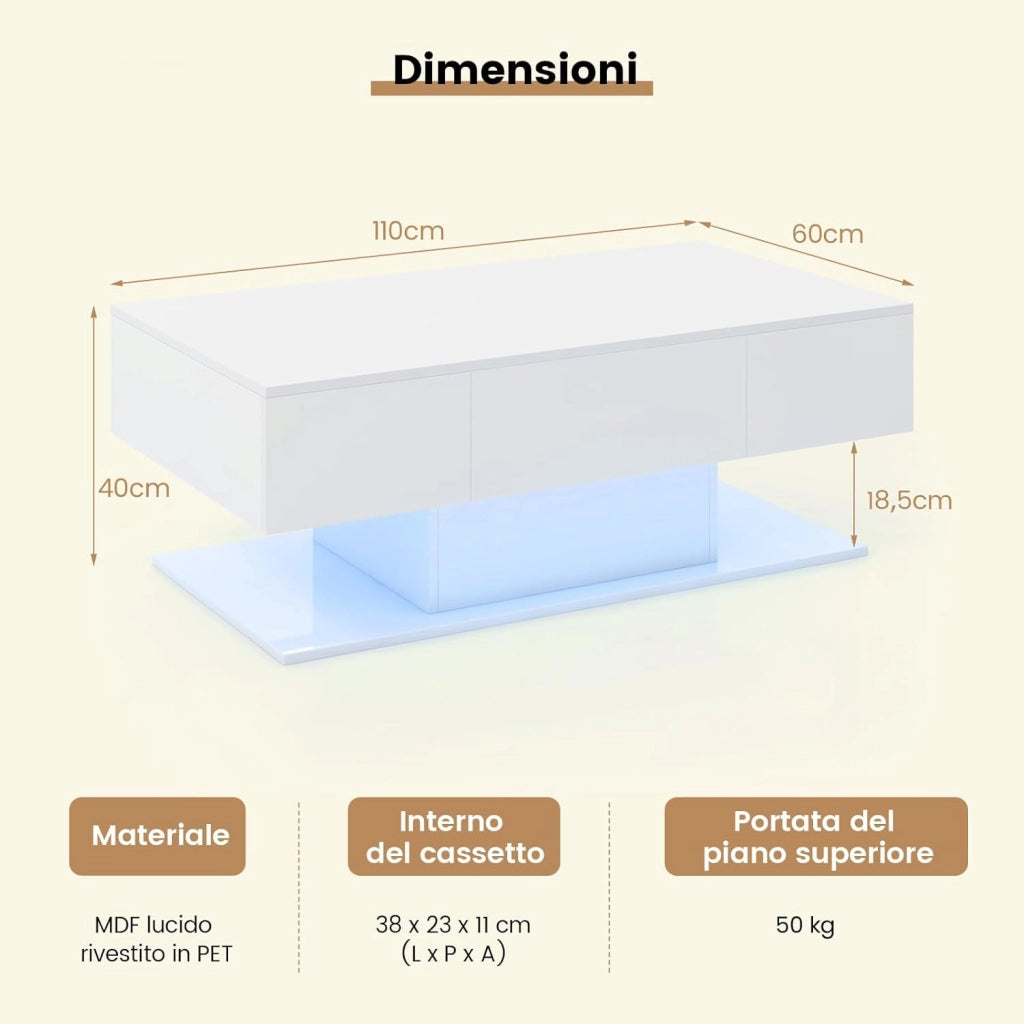 Tavolino da Caffè Moderno, Tavolino a 2 Piani con 20 Luci LED a Colori, 2 Cassetti Portaoggetti e Finitura Lucida, Tavolino Rettangolare per Salotto, Studio e Camera da Letto (Bianco)