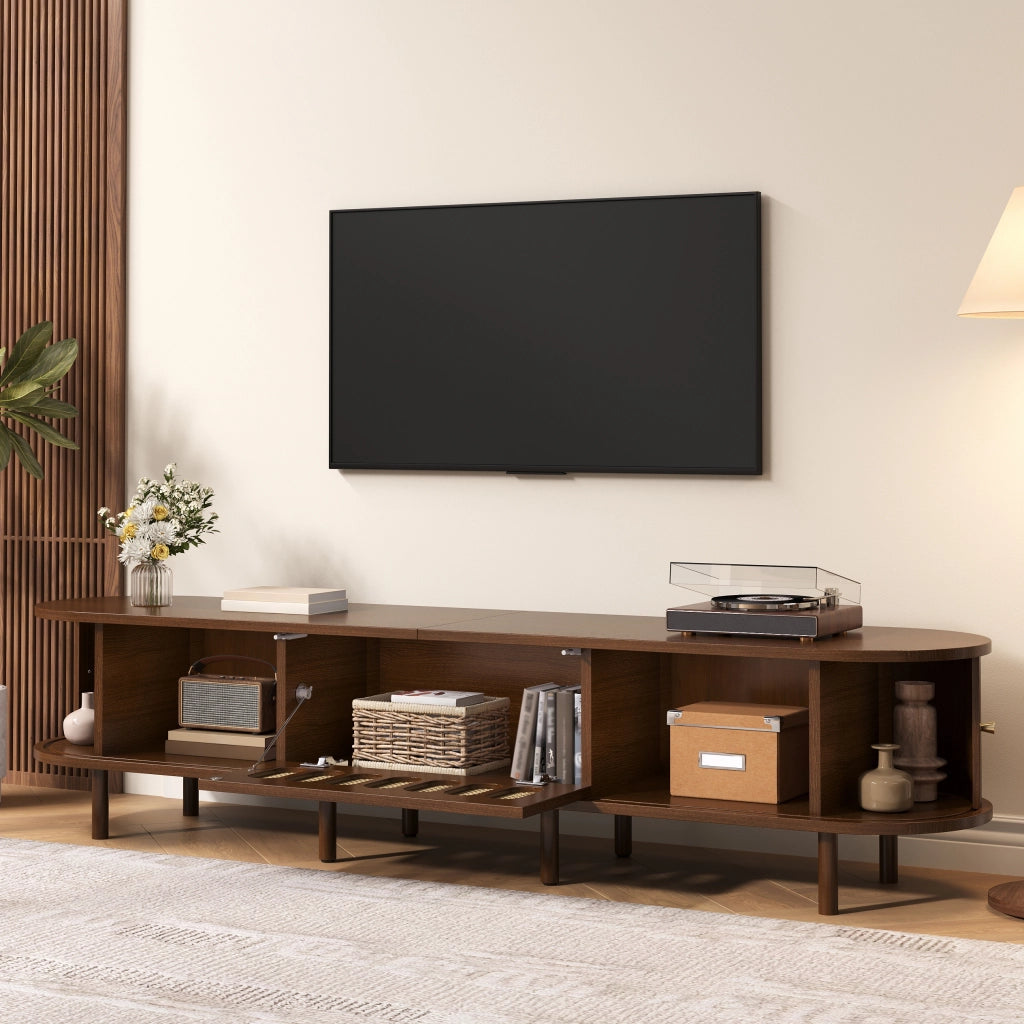 Mobile porta TV con 1 anta a ribalta in rattan e 2 ante a serranda, 5 vani chiusi, per soggiorno, in MDF, noce, 180 × 40 × 40 cm