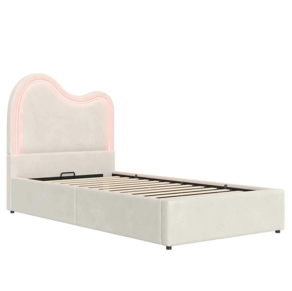 Letto singolo imbottito per bambini 90x200 cm con contenitore idraulico; rete a doghe e LED; beige