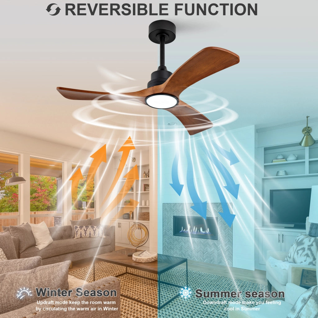 Ventilatore da soffitto 42 pollici con illuminazione, 3 pale legno massello, telecomando e wifi, motore DC silenzioso reversibile, moderno