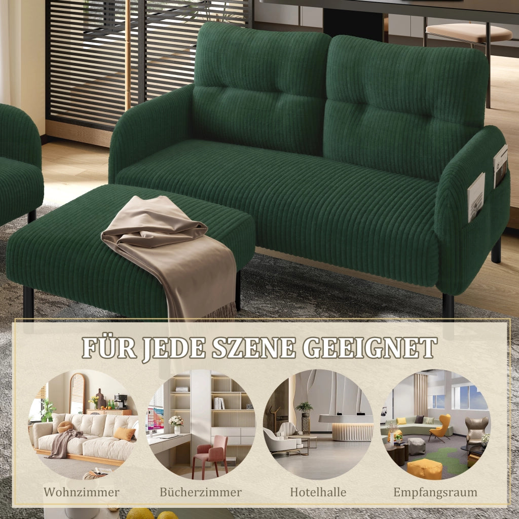 OKWISH Set da 3 Sedute con Divano 2 Posti, Poltrona e Poggiapiedi, Tasca Laterale, Velluto A Coste Verde Smeraldo