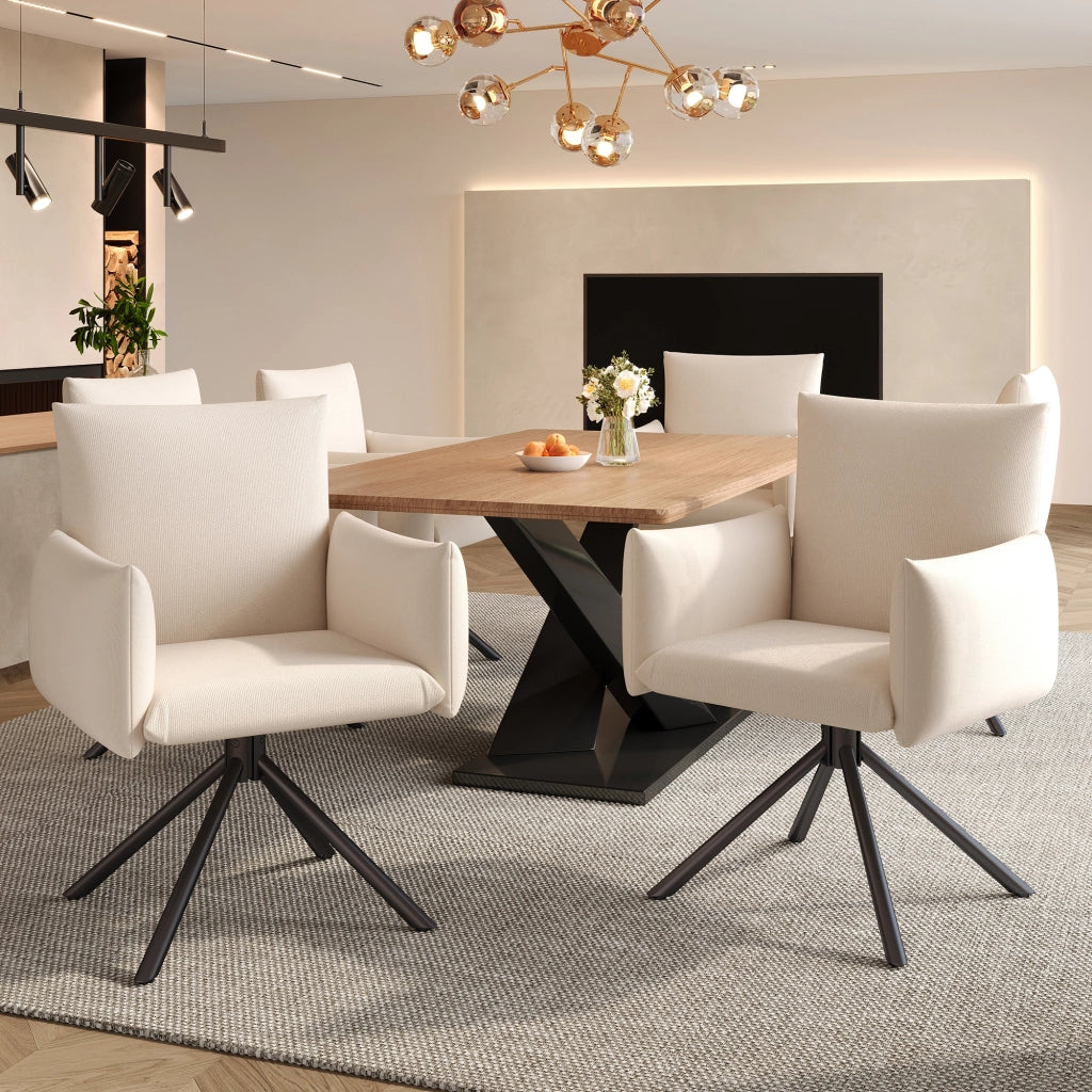Set 6 Sedie da Pranzo Girevoli Imbottite ¨C MINIMAL ¨C Metallo, Tessuto Lino, Beige